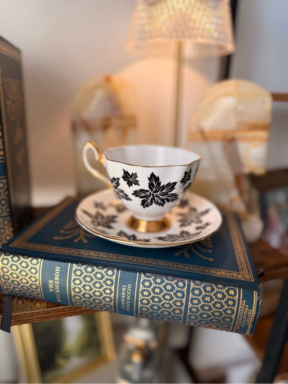 Black and Gold Leaf Teacup with Saucer